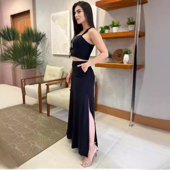 Women's Solid Color Crop-top Spaghetti-strap Top High Waist Long Skirt Sets