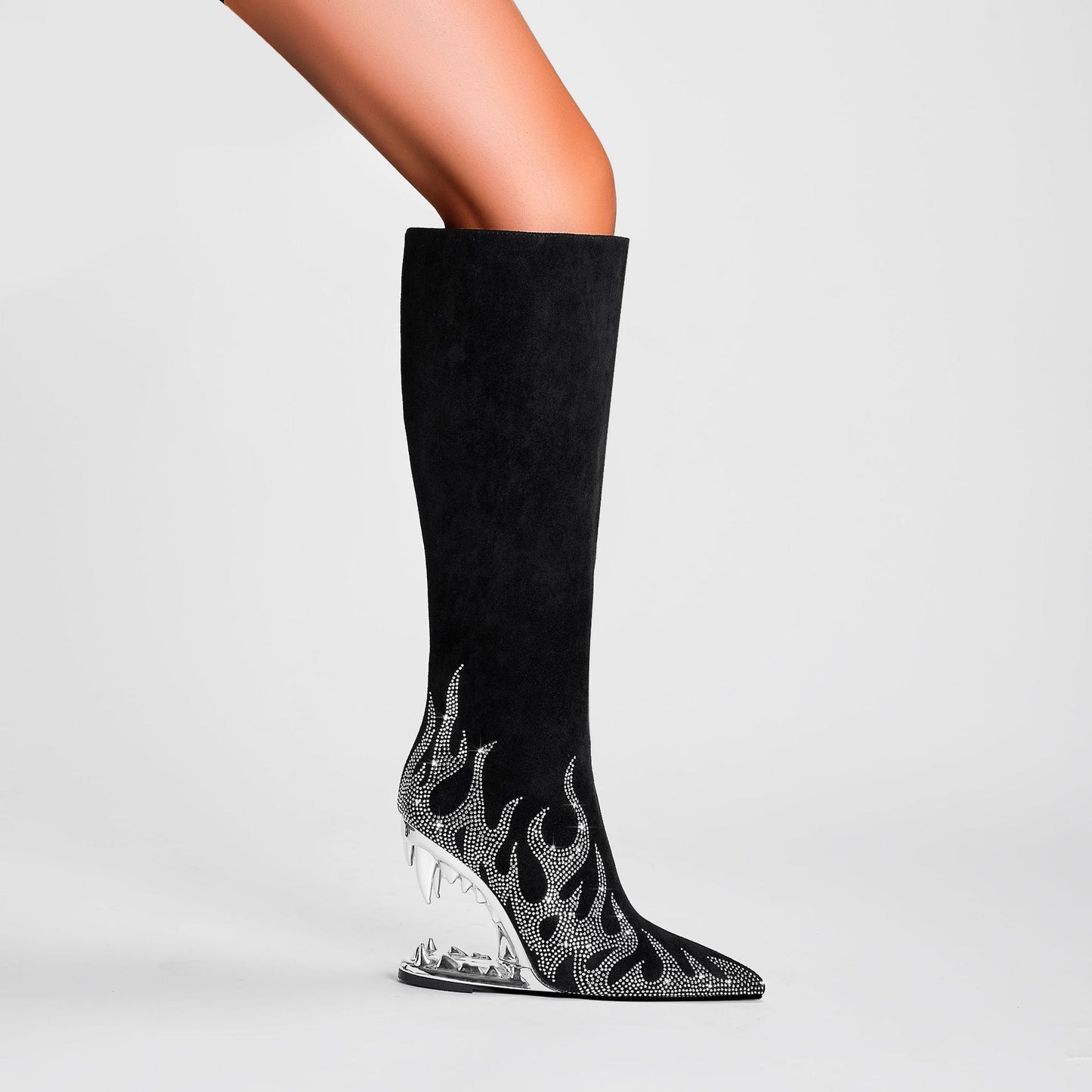 Europäischen Und Amerikanischen Stil Tiger Zahn Profilierte Ferse Dünne Stretch Stiefel Strass Flamme