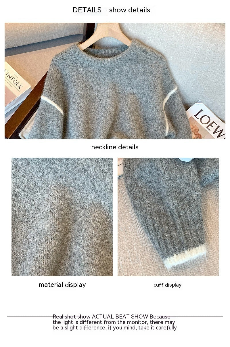 Grauer Pullover mit Rundkragen für Damen im Retro-Stil, lässig, lockeres Temperament