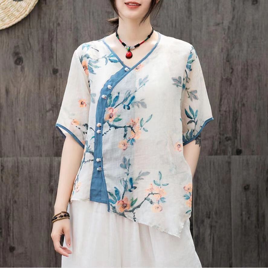 Botón de disco Hanfu Retro camisa pequeña talla grande ramio suelto