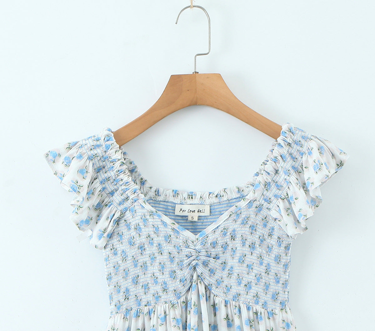 French Vacation Style Small Blue Flowers Elastic Loose Dress