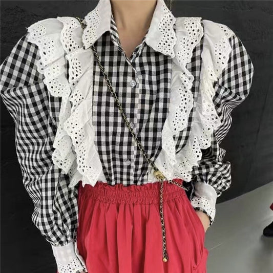 Fashion Design Hollow Lace Long Sleeve Shirt Women