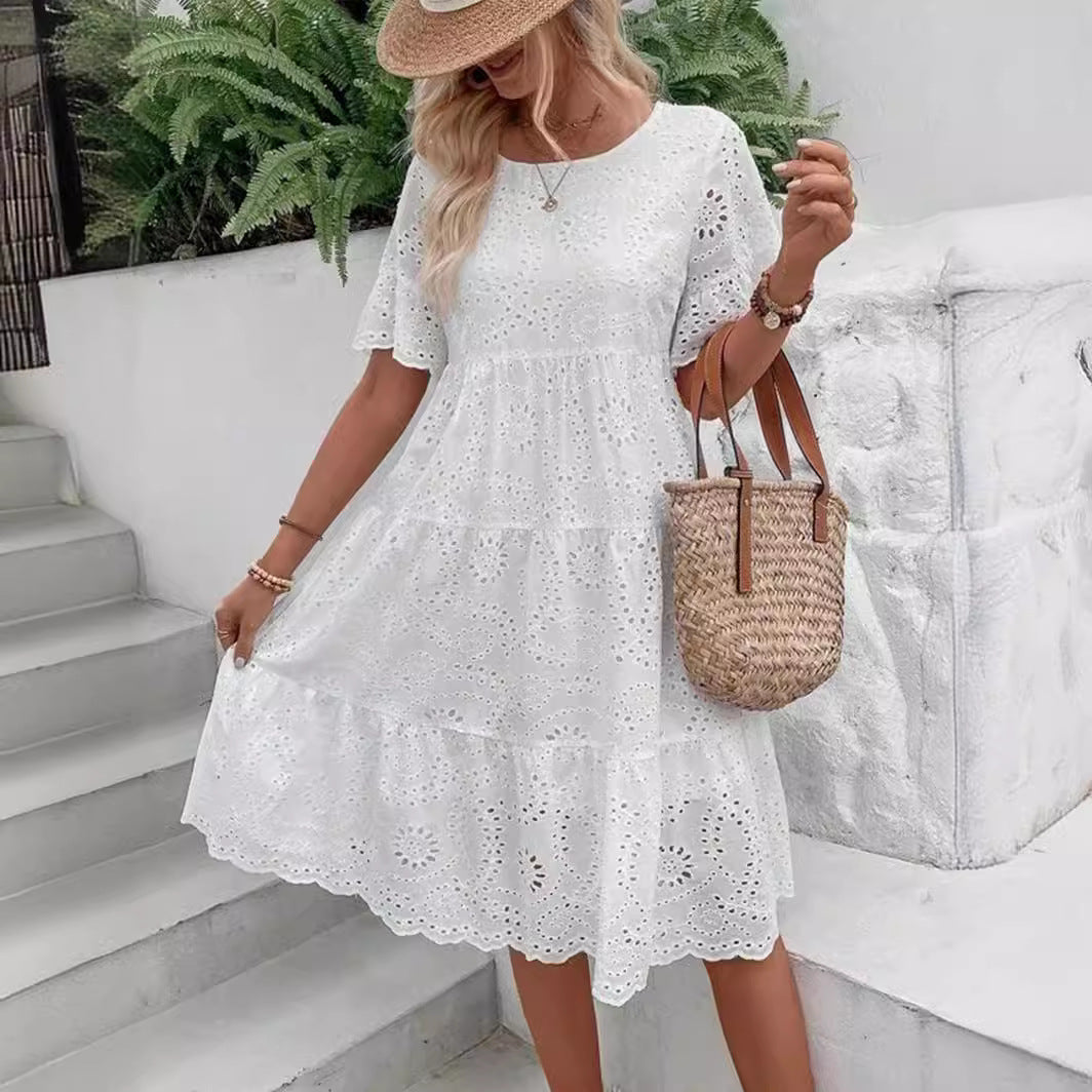 Casual Women's Embroidered Hollow Short Sleeve Round Neck Ruffle Sleeve Waist Dress