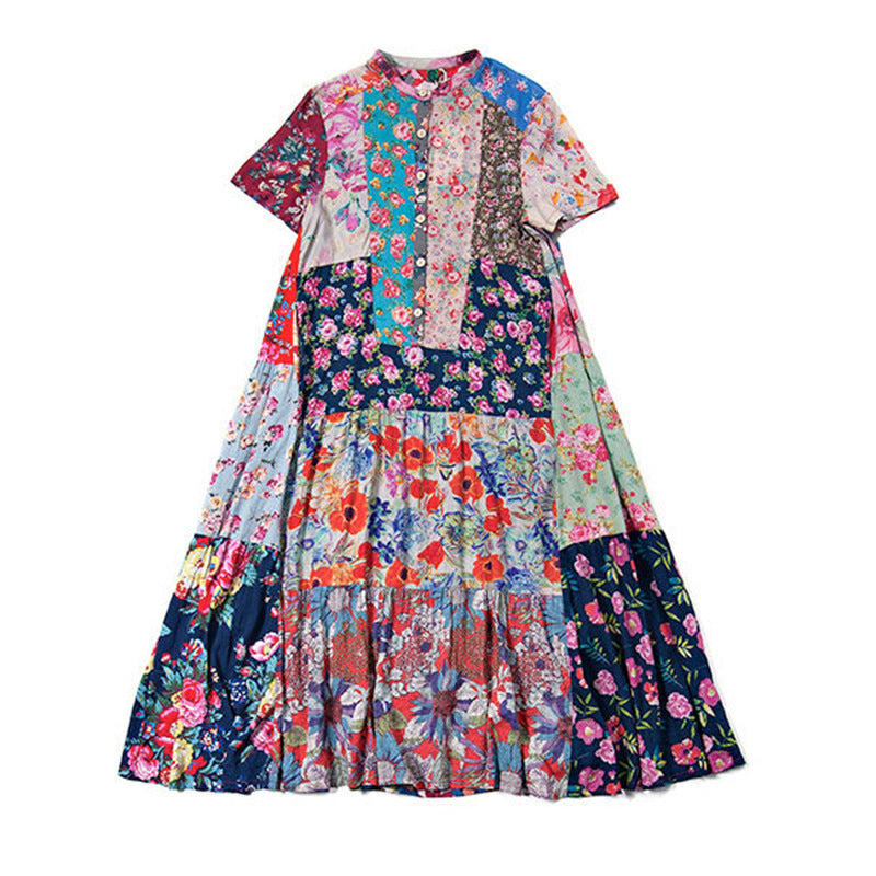 Sommerkleid aus Baumwolle mit Print im ethnischen Stil, Farbkontrast, Patchwork, pastorales Kurzarmkleid