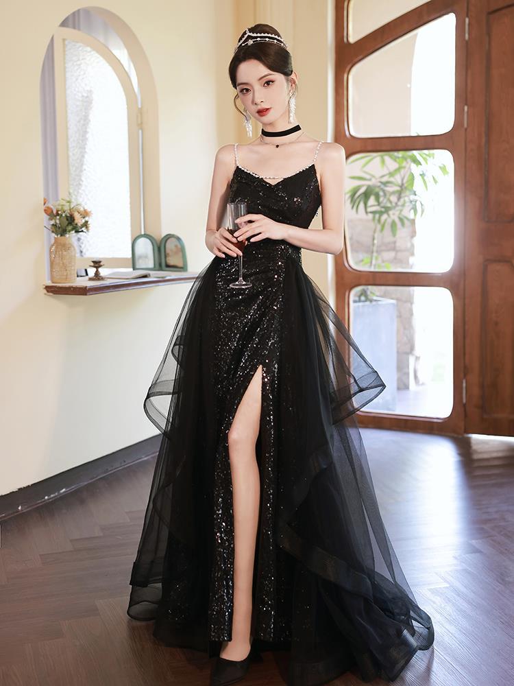 Schwarzes Bankett-Abendkleid mit Pailletten von High Sense