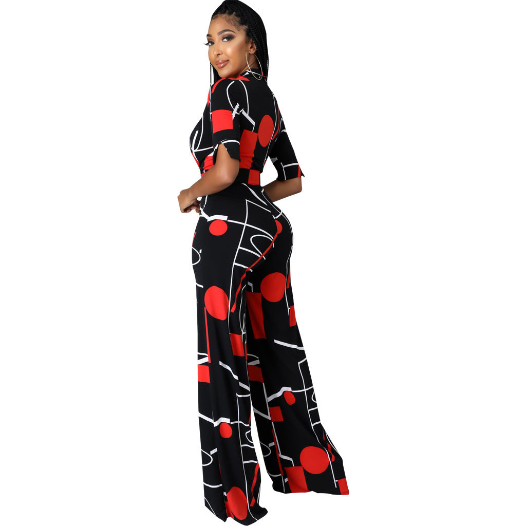 Mode Digitaldruck V-Ausschnitt Damen Jumpsuit lang