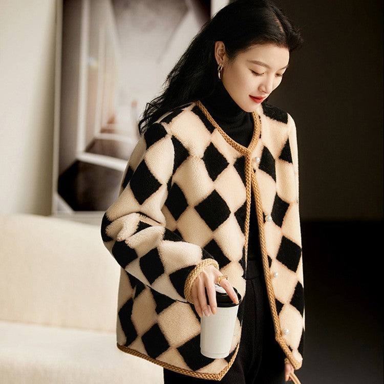 Chessboard Plaid Full Wool Sheepskin Fur Women's Winter