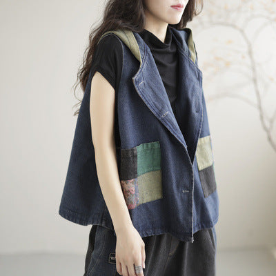 Women's Retro Loose Hooded Ethnic Style Stitching Patchwork Coat Vest