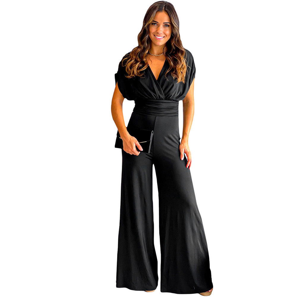 Women's Solid Color And V-neck Waist Trimming Loose Wide-leg Jumpsuit