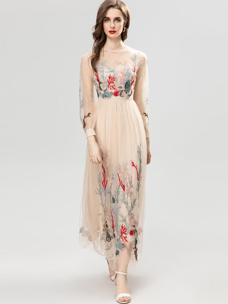 Exquisite Embroidery Floral See-through Apricot Dress Long Princess Style Dress