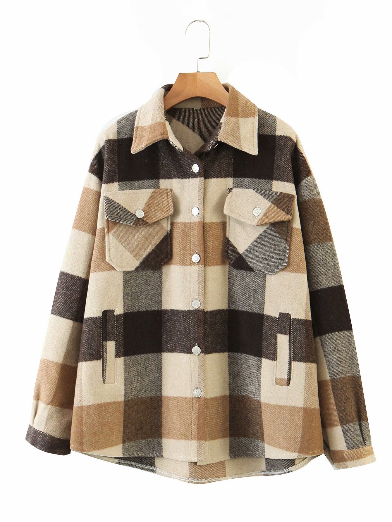 Casual Plaid Shirt Frauen Tweed Mantel Knöpfe Taschen Weibliche Jacke