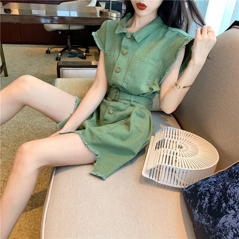 High Waist Washed Frayed Loose Waist Thinner Wide-leg Jumpsuit Women's Shorts Fashion Suit