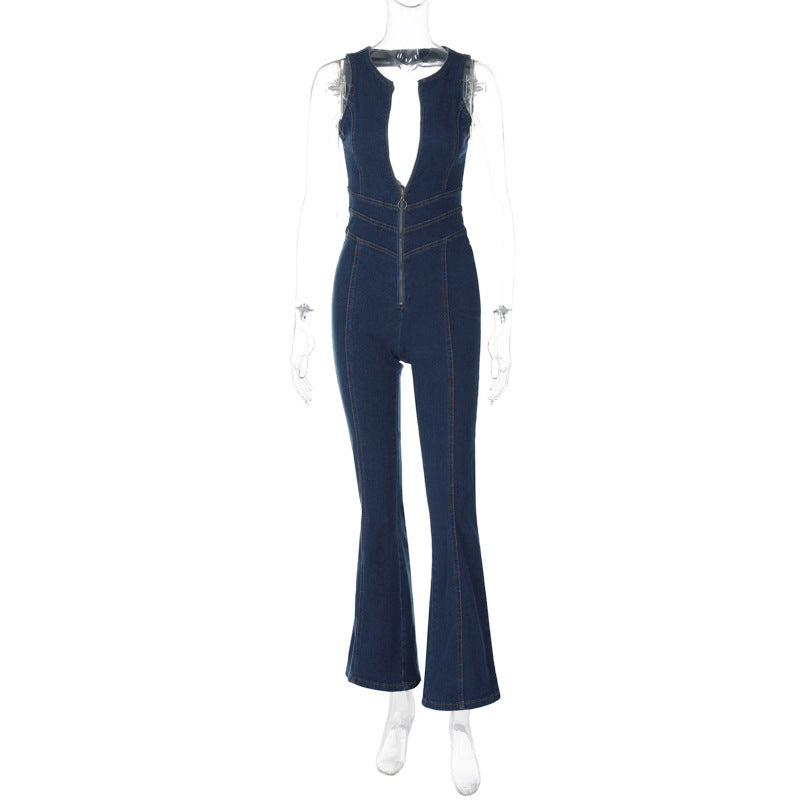 Women's Fashion Slim And Thin Retro Style High-waisted Denim Jumpsuit