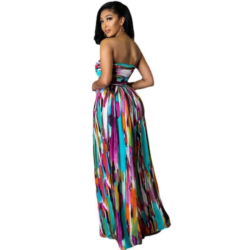 European And American Slim-fit Printed Zipper Chiffon Sleeveless Tube Top Jumpsuit