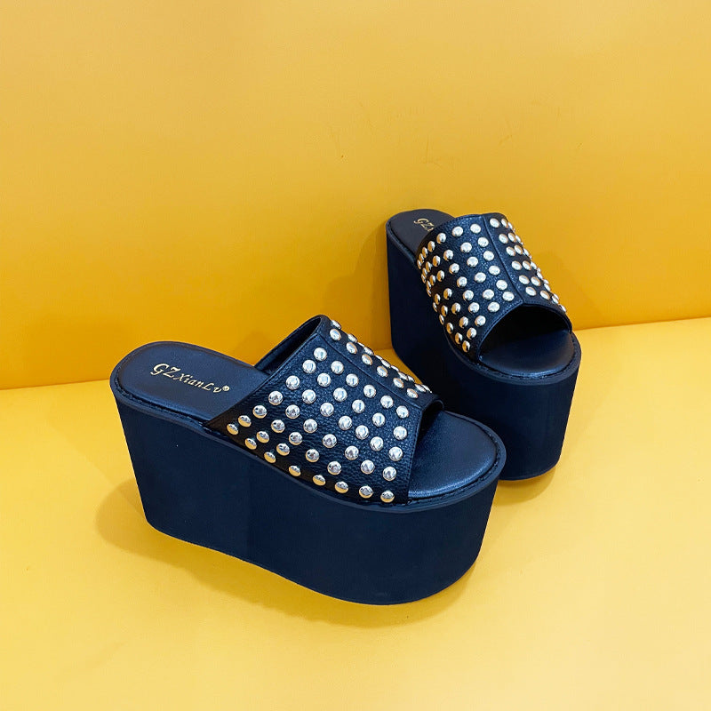 Wedge Thick Bottom Platform Rivet Slippers