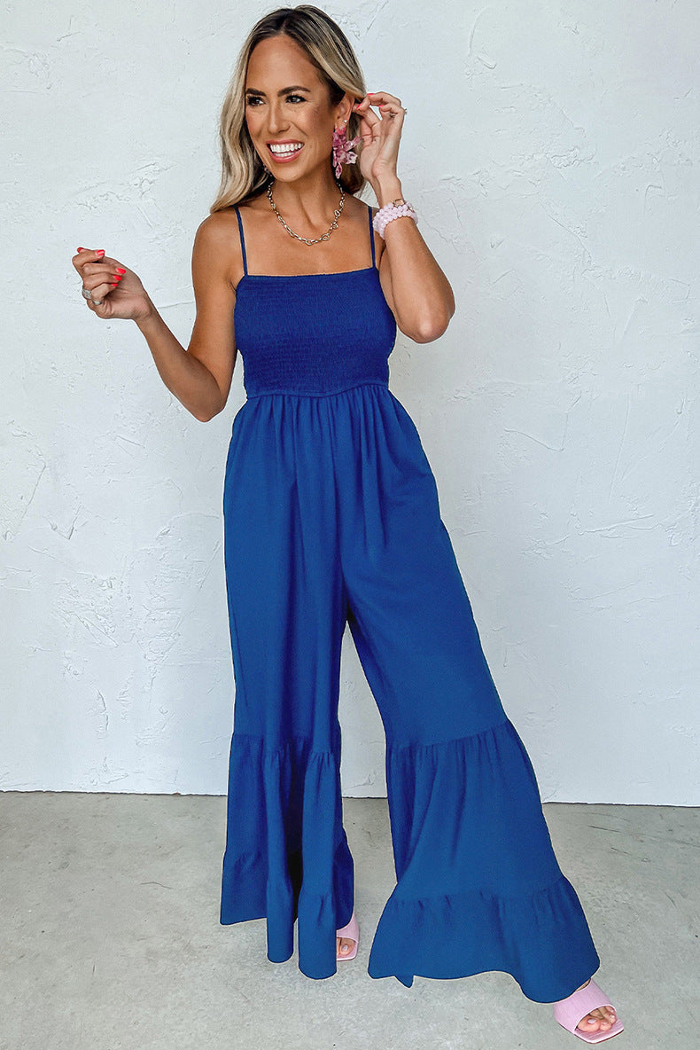 Women's Solid Color High Waist Strap Fitted Waist Jumpsuit