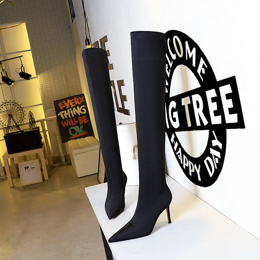 European And American Style Fashion High Heel Elastic Stiletto Heel Pointed-toe Skinny Pedicure Over-the-knee Boots