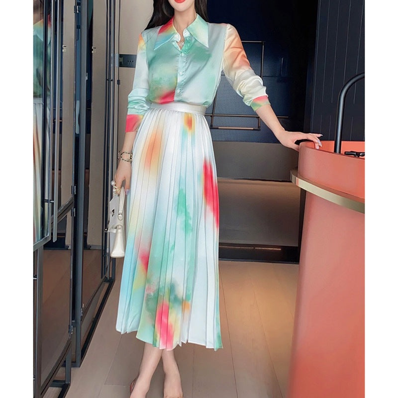 Spring New Suit Skirt Two-piece Western Style Fashionable Printed Shirt Pleated Skirt Elegant Graceful