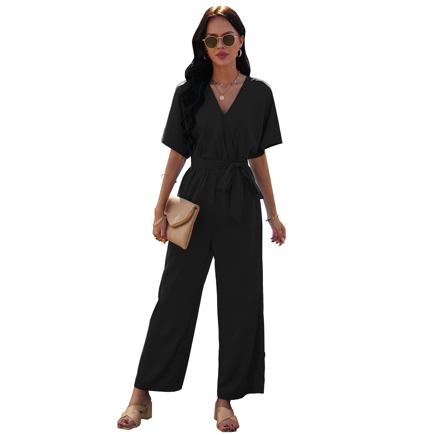 European And American V-neck Women's Tie Waist Solid Color Jumpsuit