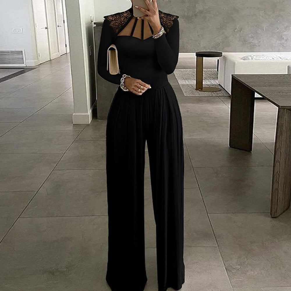 Fashion Solid Color Long Sleeve Stitching Wide Leg Jumpsuit Women