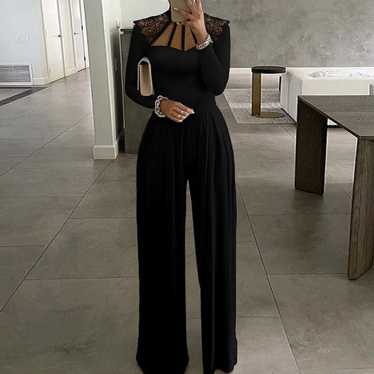 Fashion Solid Color Long Sleeve Stitching Wide Leg Jumpsuit Women