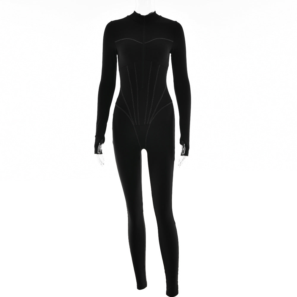 Fashion Tight Zip Jumpsuit Round Neck