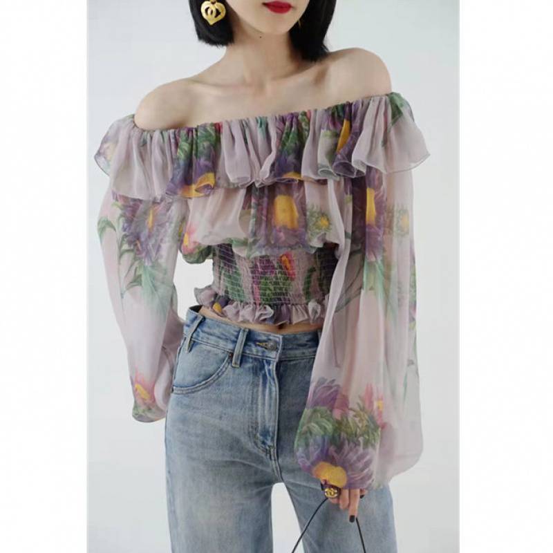 Colored Lantern Sleeve Off-Shoulder Long Sleeve Shirt