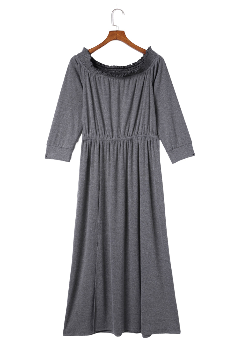 Gray Shirred Off Shoulder Maxi Dress with Split