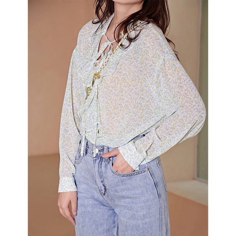 Damen-Bluse mit französischem Blumenmuster und Revers