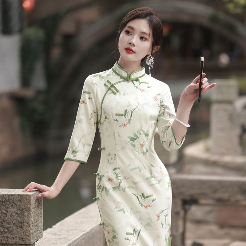 Cheongsam elegante de ante de alta calidad Suzhou, manga tres cuartos, estilo republicano chino Retro