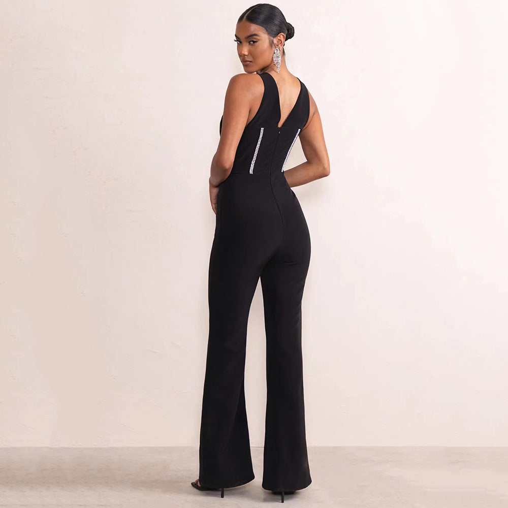 Black Deep V-neck Tube Top Backless Diamond Slim Bandage Jumpsuit