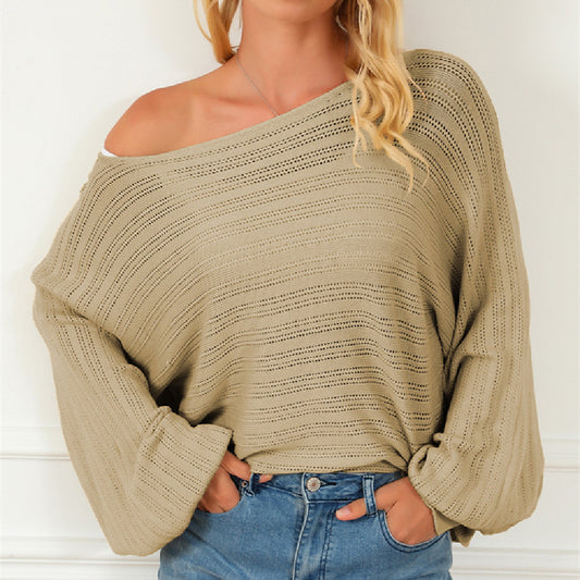 Textured Lantern Sleeve Off-neck Sweater Loose Pullover Sweater