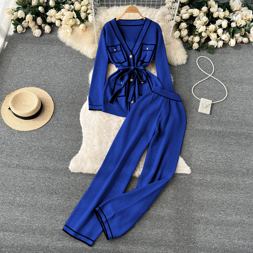 Contrast Color Suit Women's Long Sleeve V-neck Lace-up Knitwear Draping Wide Leg Trousers Two-piece Set