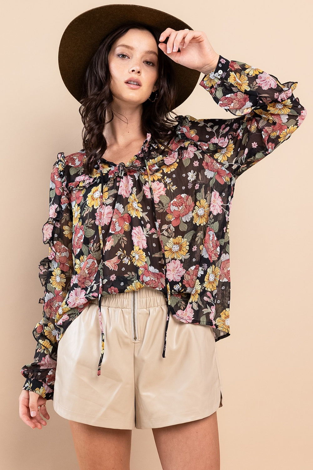 Ces Femme Blusa floral de manga larga con ribete de volantes