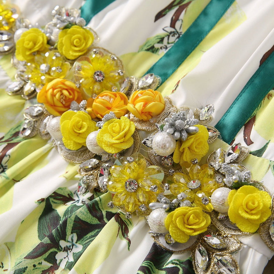 Vestido de media manga con estampado de limón, ceñido a la cintura, con flores de diamantes de imitación tridimensionales