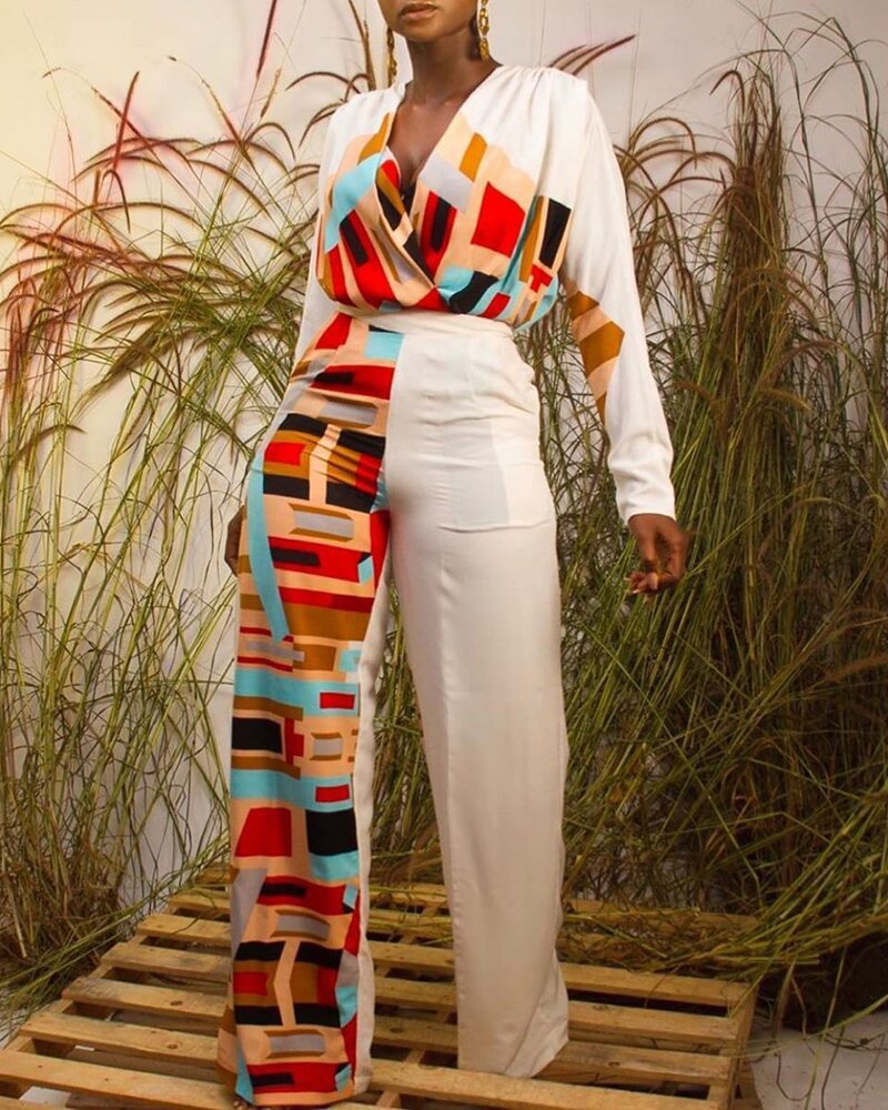 Piernas anchas ajustadas de cintura alta con costuras estampadas a la moda de una pieza para mujer