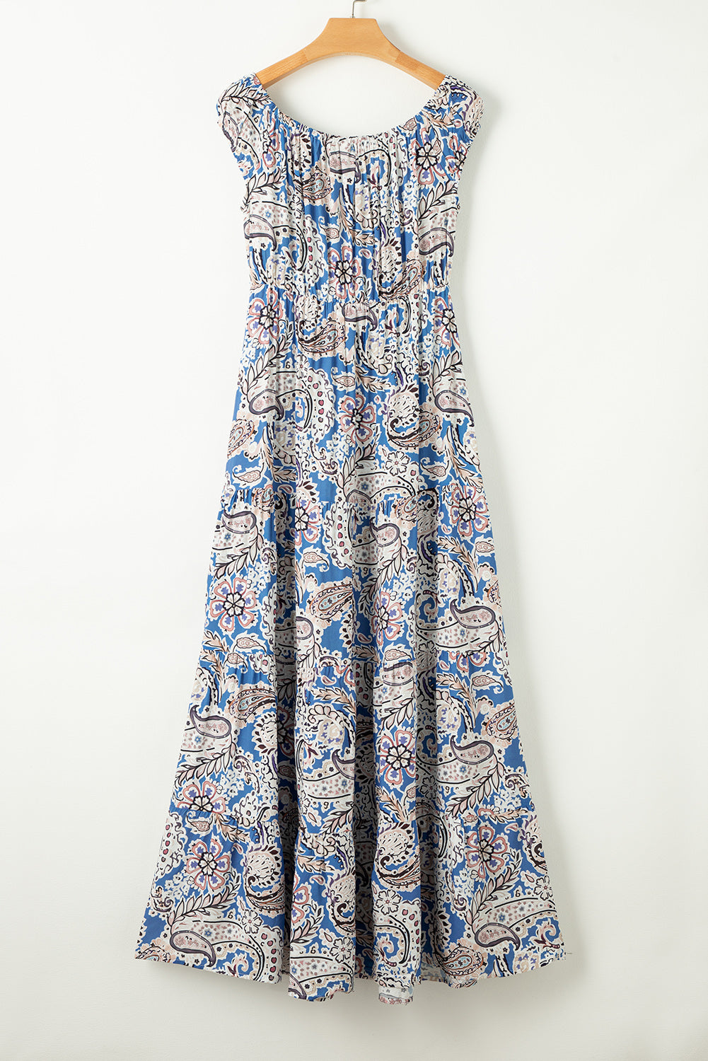 Blaues schulterfreies Maxikleid mit Boho-Paisley-Print