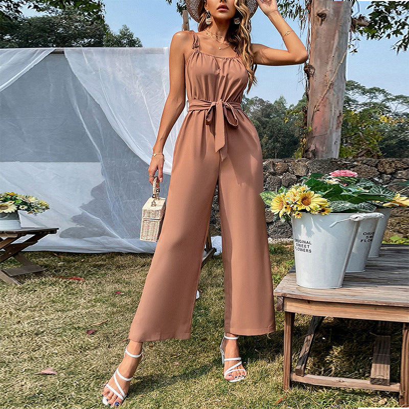 Summer New Hollow Belt Suspenders Wide Leg Jumpsuit