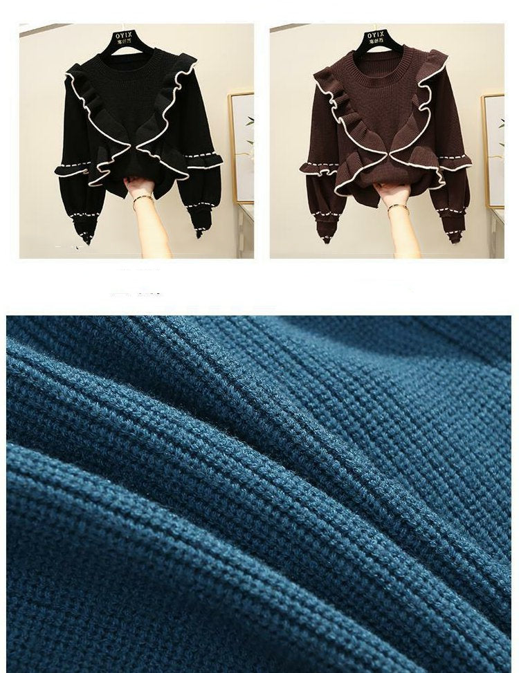 Suéter de mujer con manga farol y parte inferior de punto
