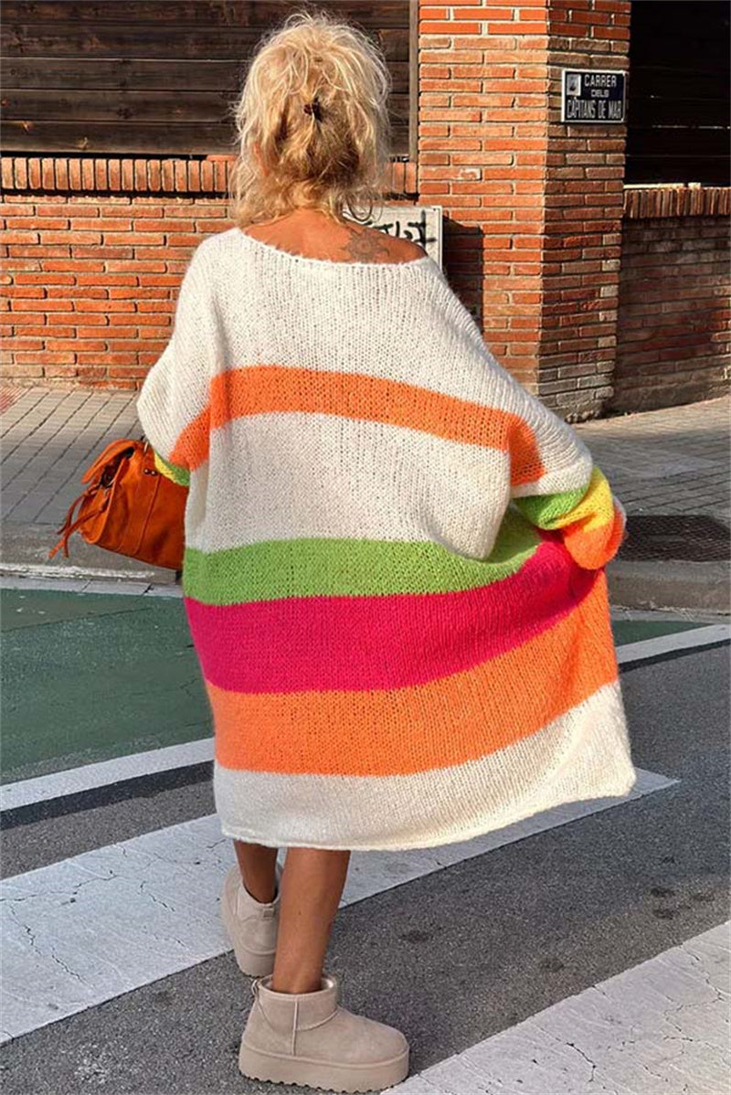 Women's Fashion Casual Rainbow Striped V-neck Loose Knitted Sweater