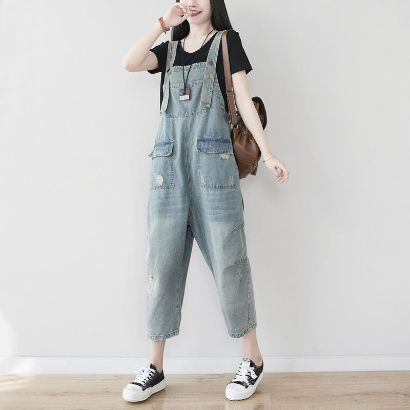 Retro-Harems-Jumpsuit aus Denim für Damen in Übergröße