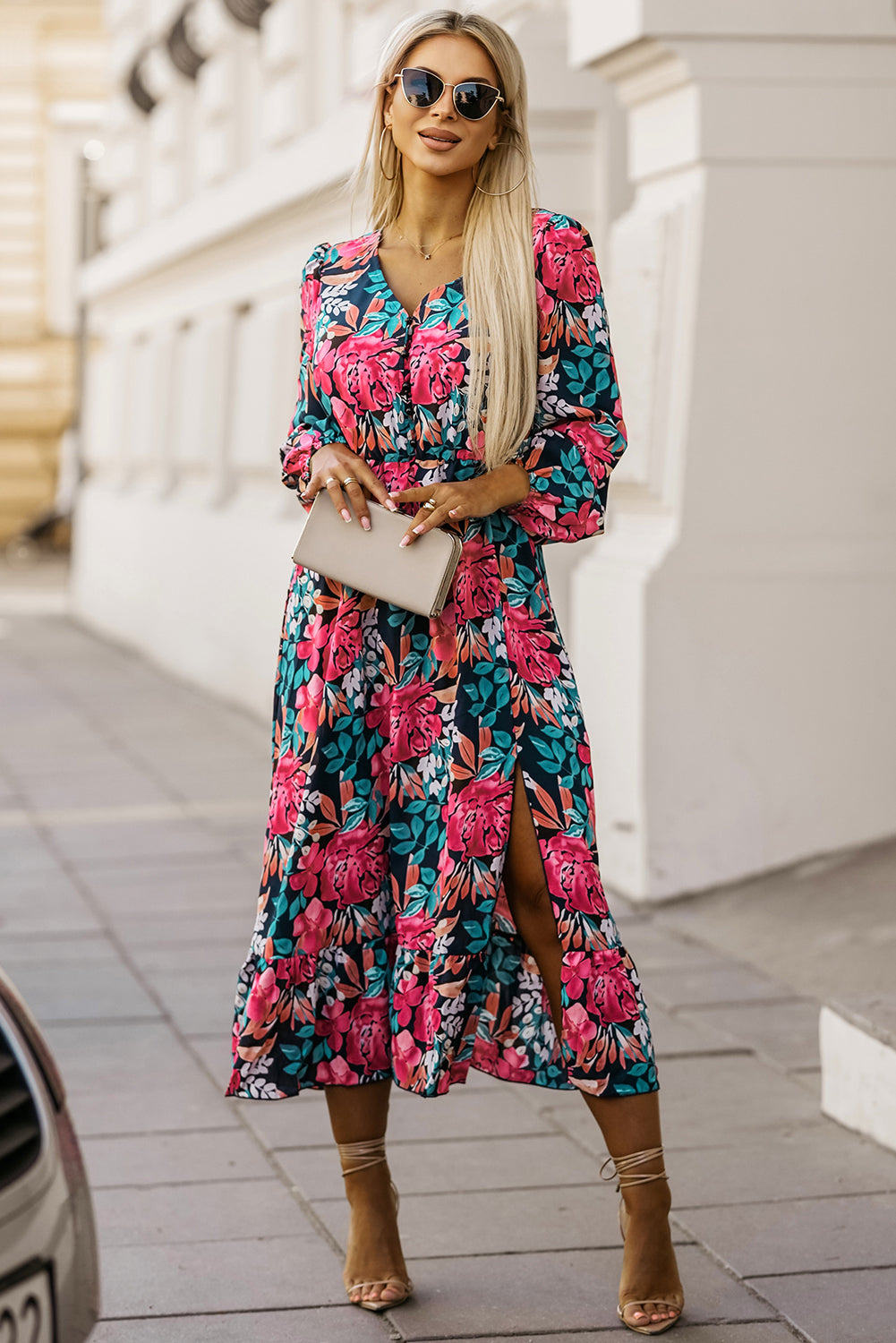 Vestido floral dividido de cintura alta elástico con cuello en V rojo ardiente