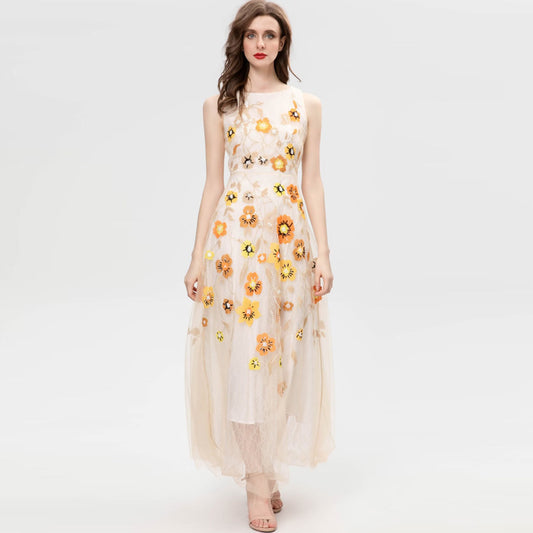 Exquisite Stickerei Blumen Pailletten Ärmelloses Apricot Swing Langes Kleid