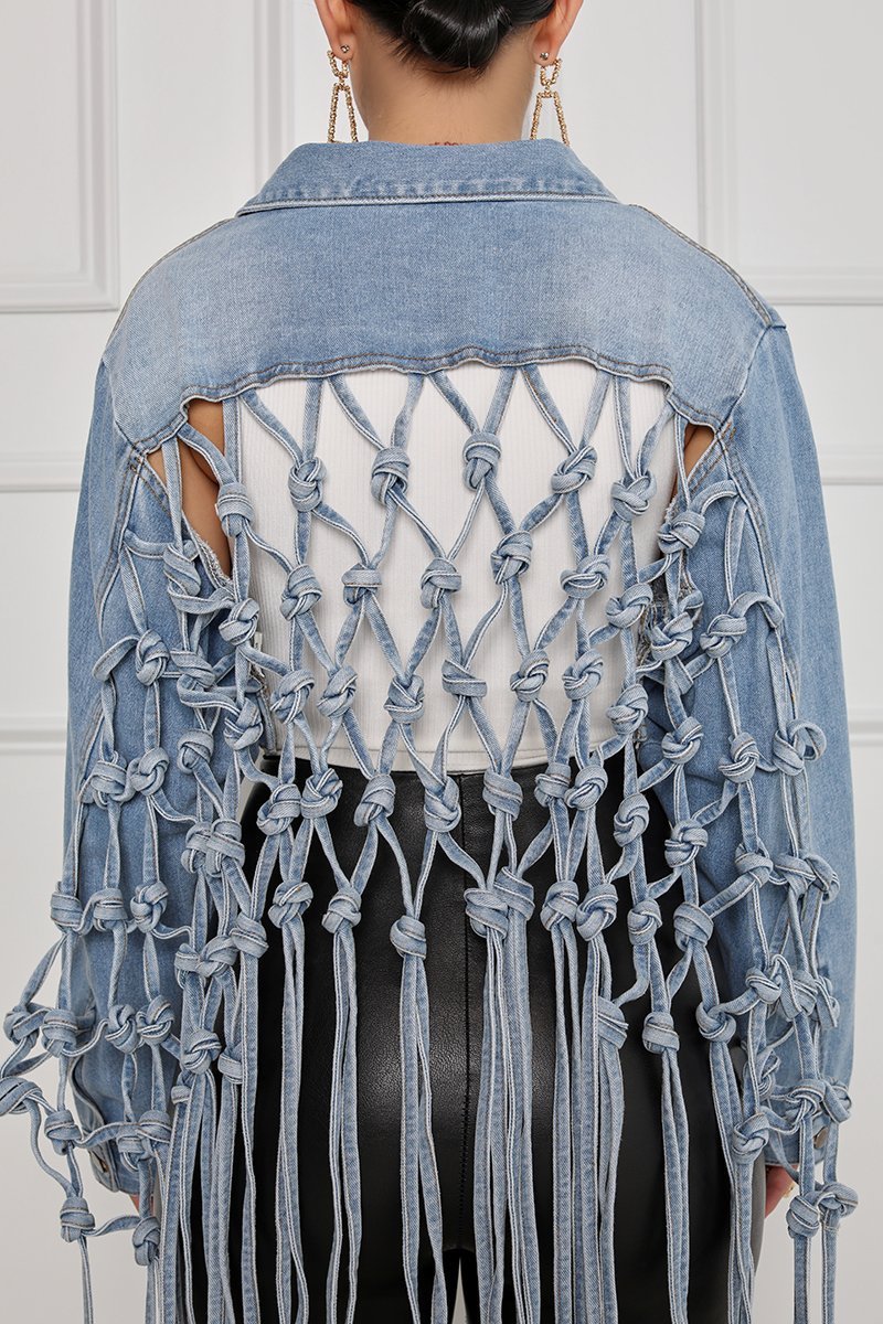 Women's Back Mesh Fringed Denim Jacket