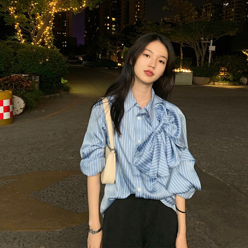 Casual Blau Gestreiften Shirts Für Frauen Revers Langarm Koreanische Bowknot Patchwork