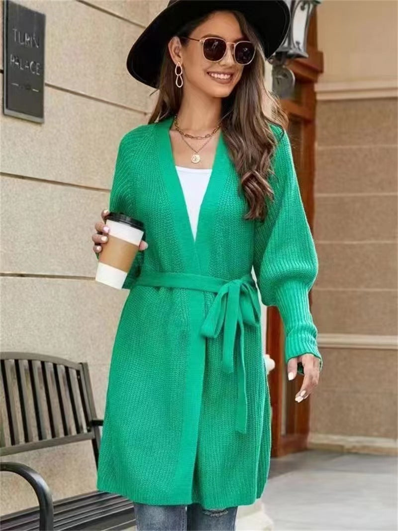 Women's Solid Color Knitted Lace-up Cardigan Sweater