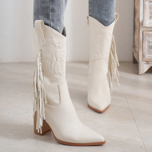 Embroidered Tassel White New Western Cowboy Boot