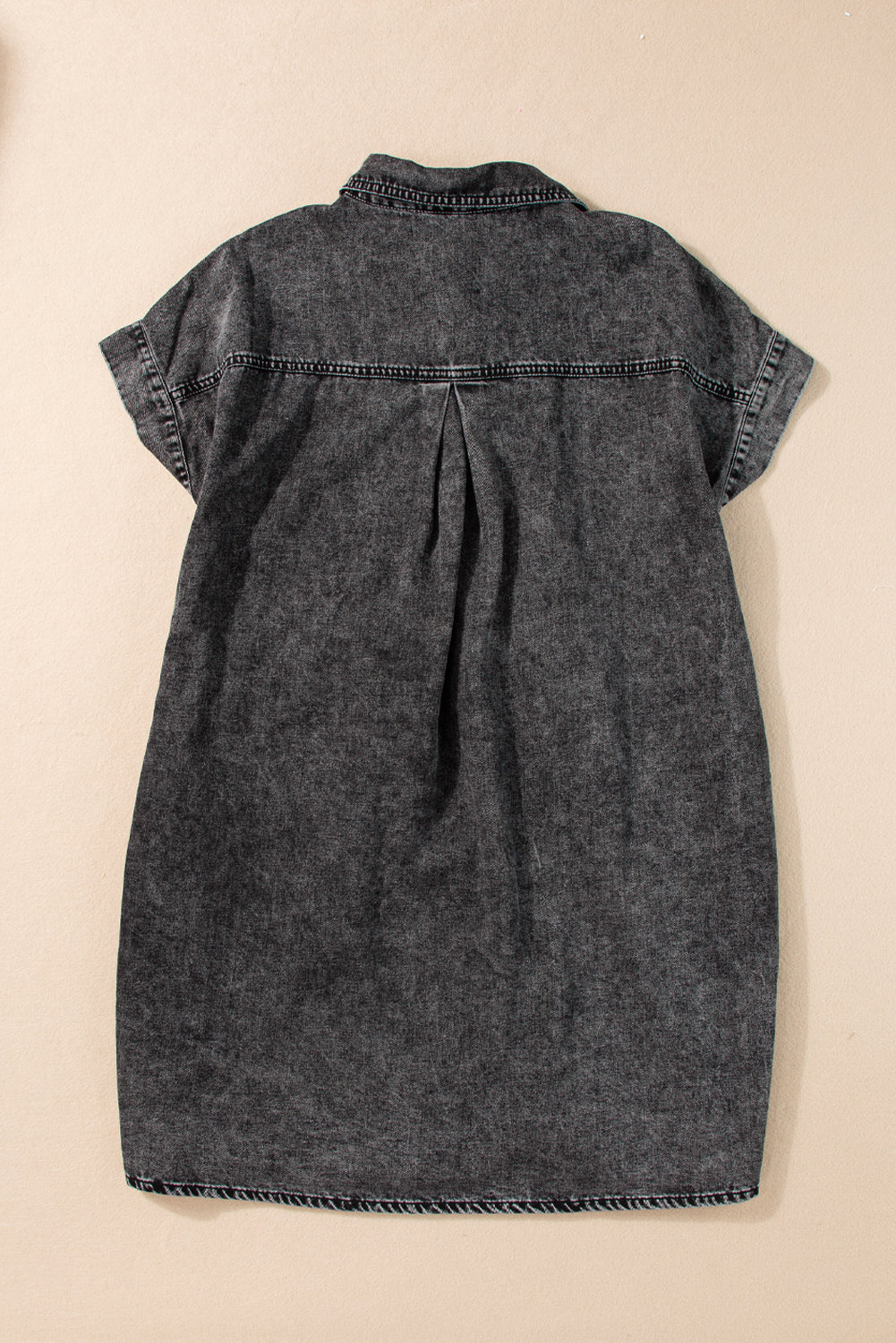 Black Acid Wash Button Front Collared Short Sleeve Denim Dress