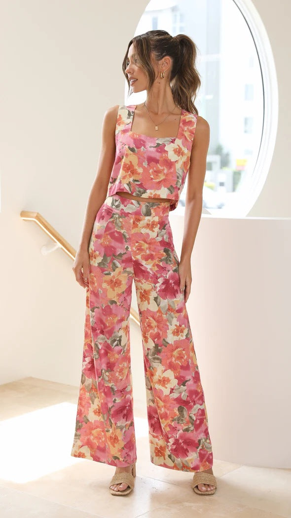 Fashion Floral Print Fresh Suspender Suit