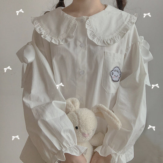 Doll Neck Tie Design Sensation Niche White Shirt